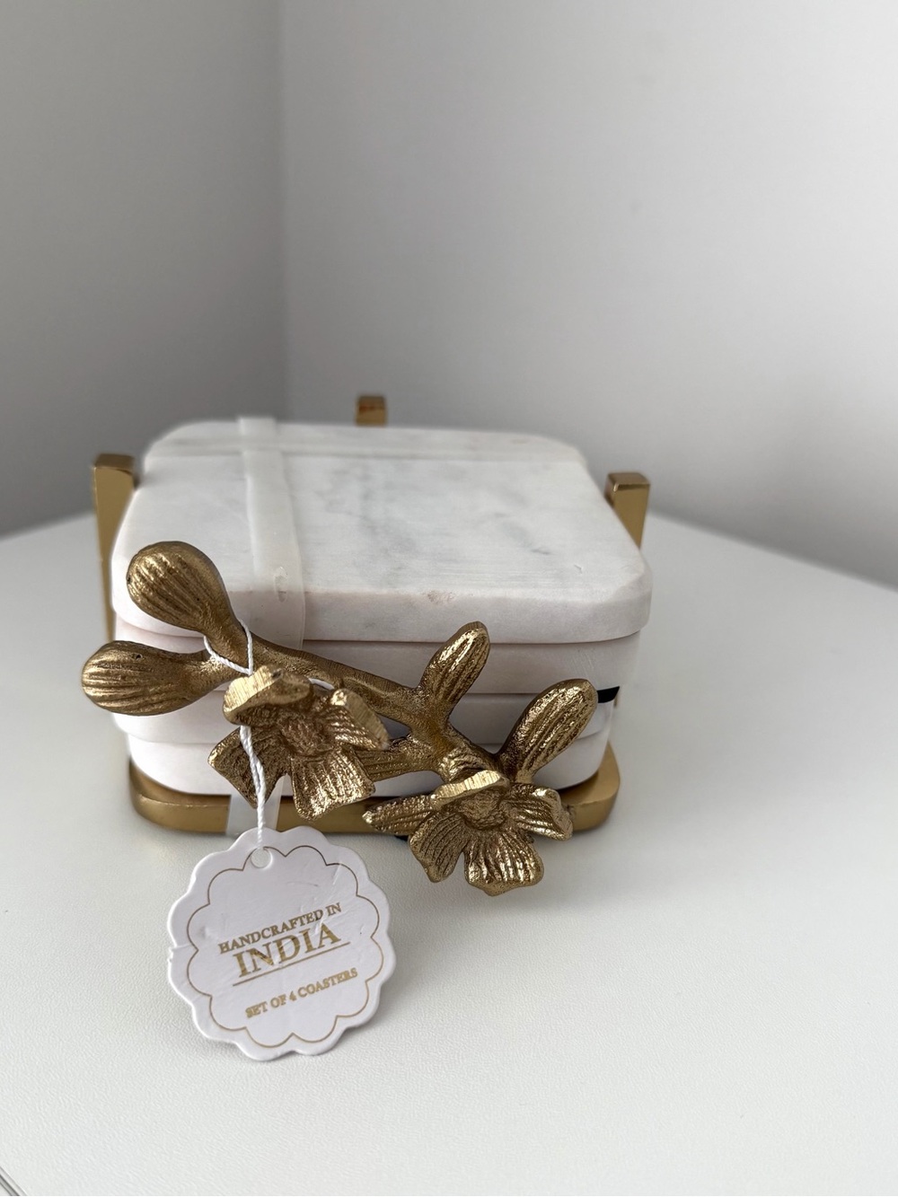 Michael Aram Style Marble Coasters Gold Floral Brass Branch Set of 4 India